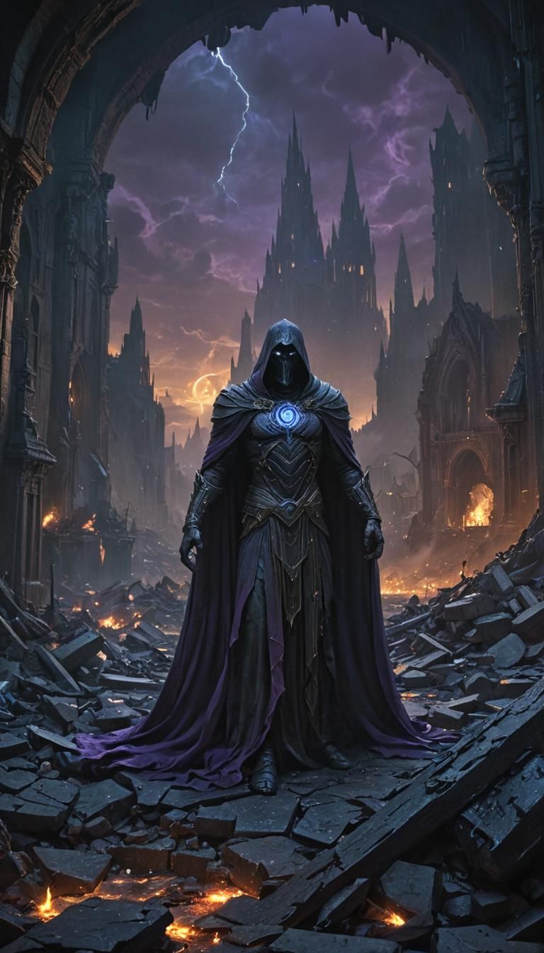 Thalnaris in Destroyed City, Dark Fantasy Art