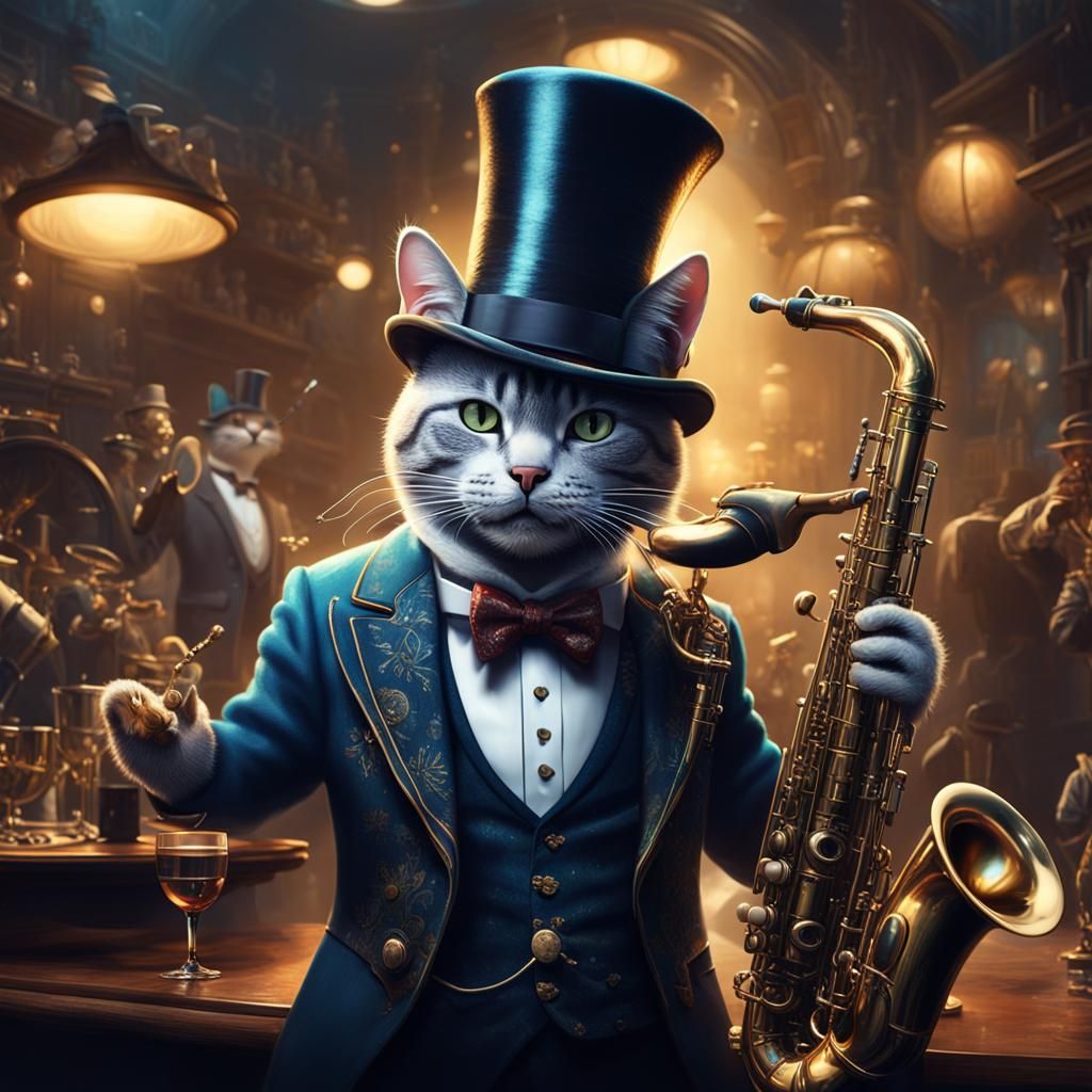 A surreal portrait of a cat and a mouse wearing top hats, pl...