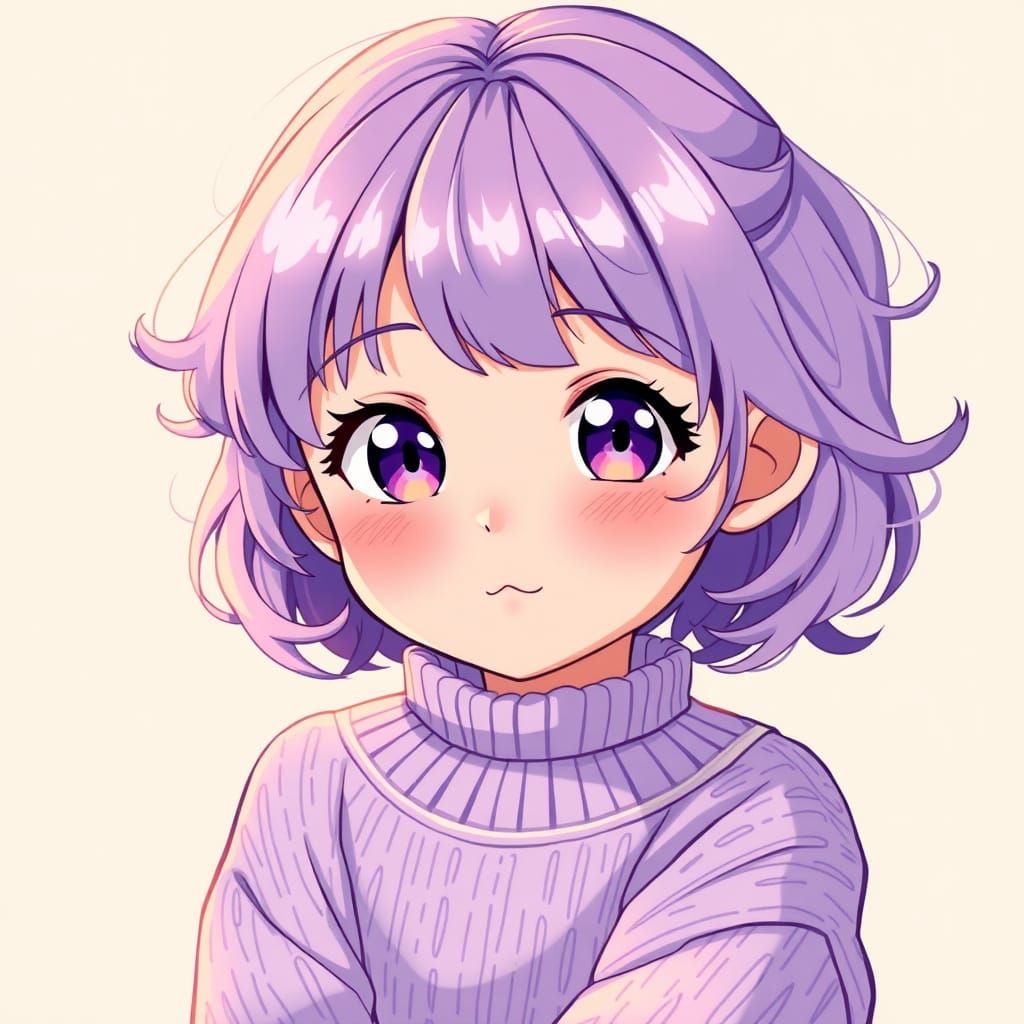 Lilac-Haired Girl in Violet Sweater, Manga Style