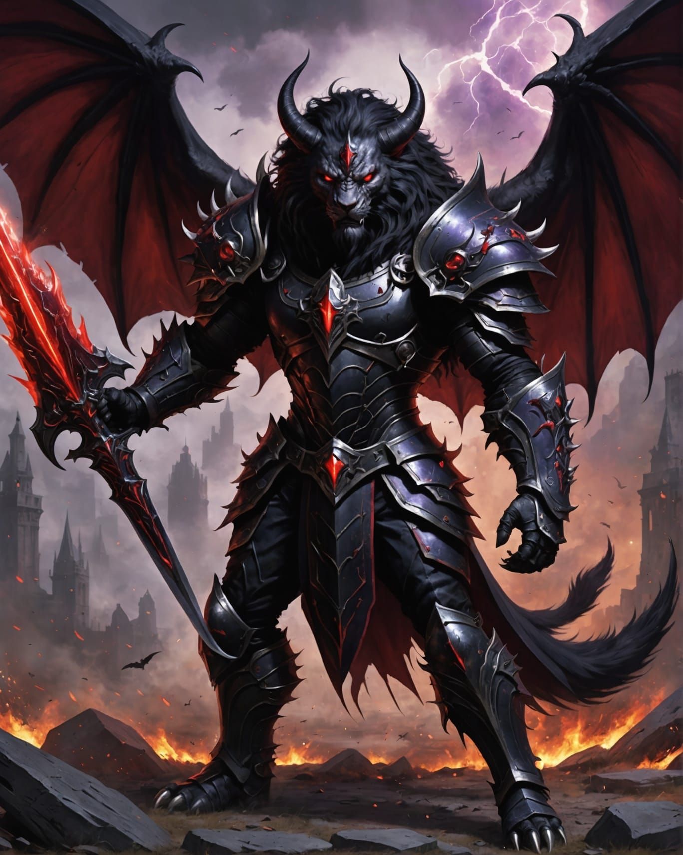 Lion Demon with Sword on Gothic Battlefield