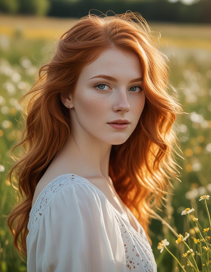 Redhead in Wildflowers: Portrait Photography with Bokeh