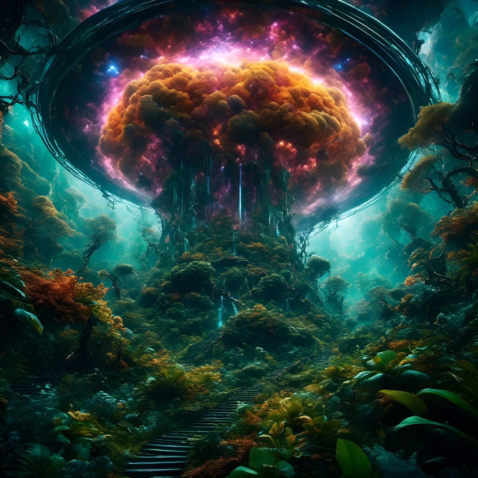 Neon Eco-Dome Flying in Space: 3D Game Art