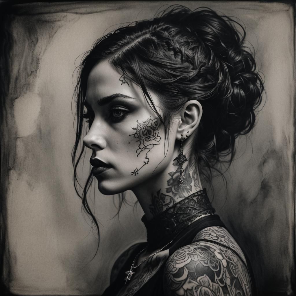 Goth Girl Portrait in Charcoal with Tattoos