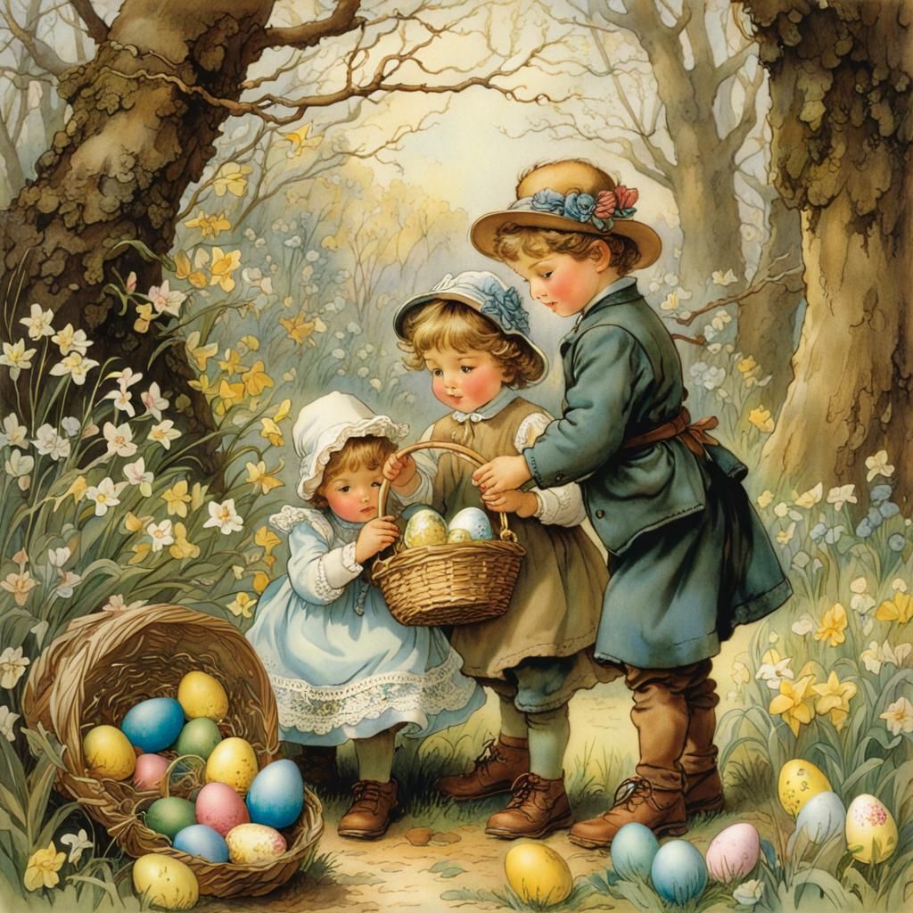 Brother and Sister Easter Egg Hunt Illustration