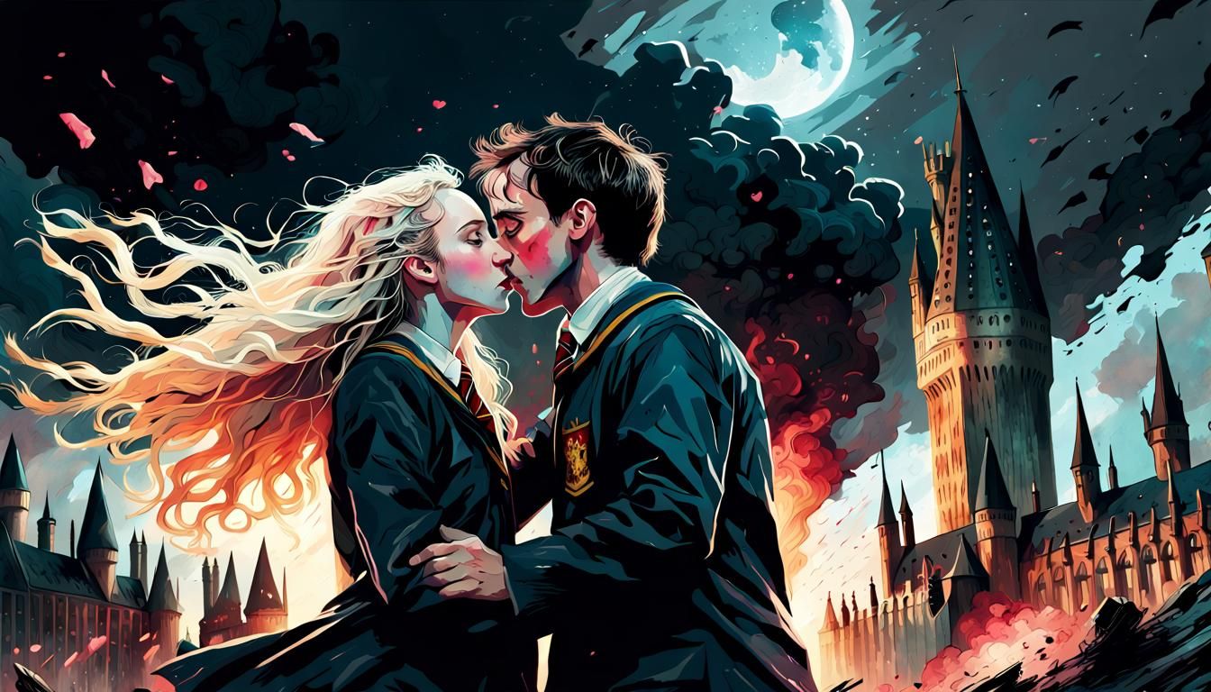Passionate Kiss Amidst Hogwarts Battle, Dark Art Style
