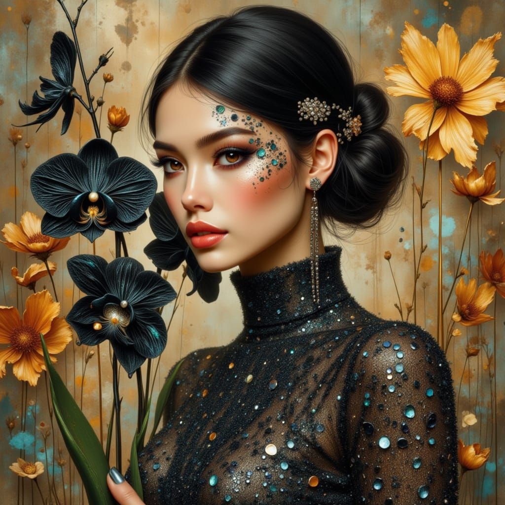 Iridescent Beauty with Orchid, in Art Nouveau Style