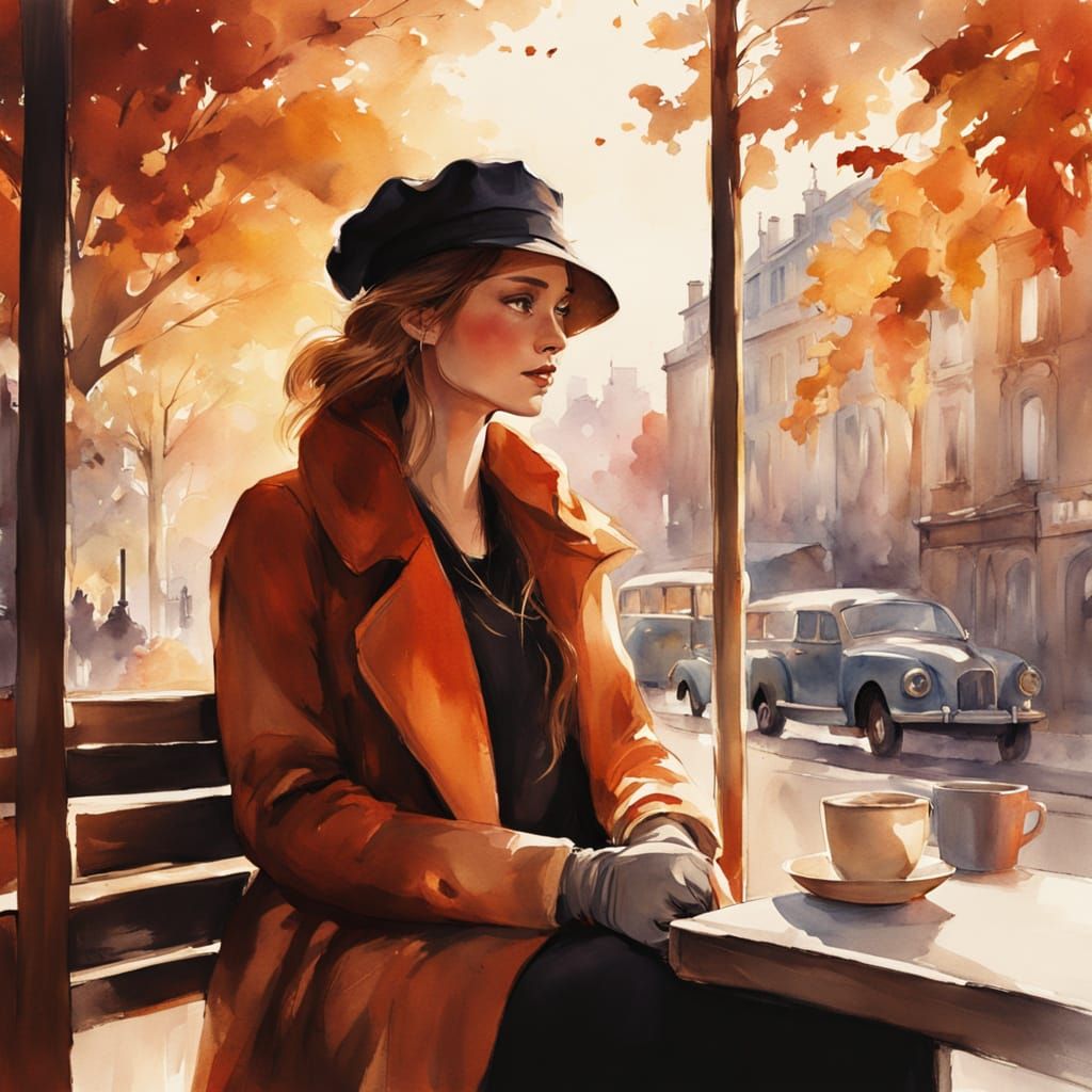 Expressive Watercolor Portrait of a Woman in Autumn Coffee S...