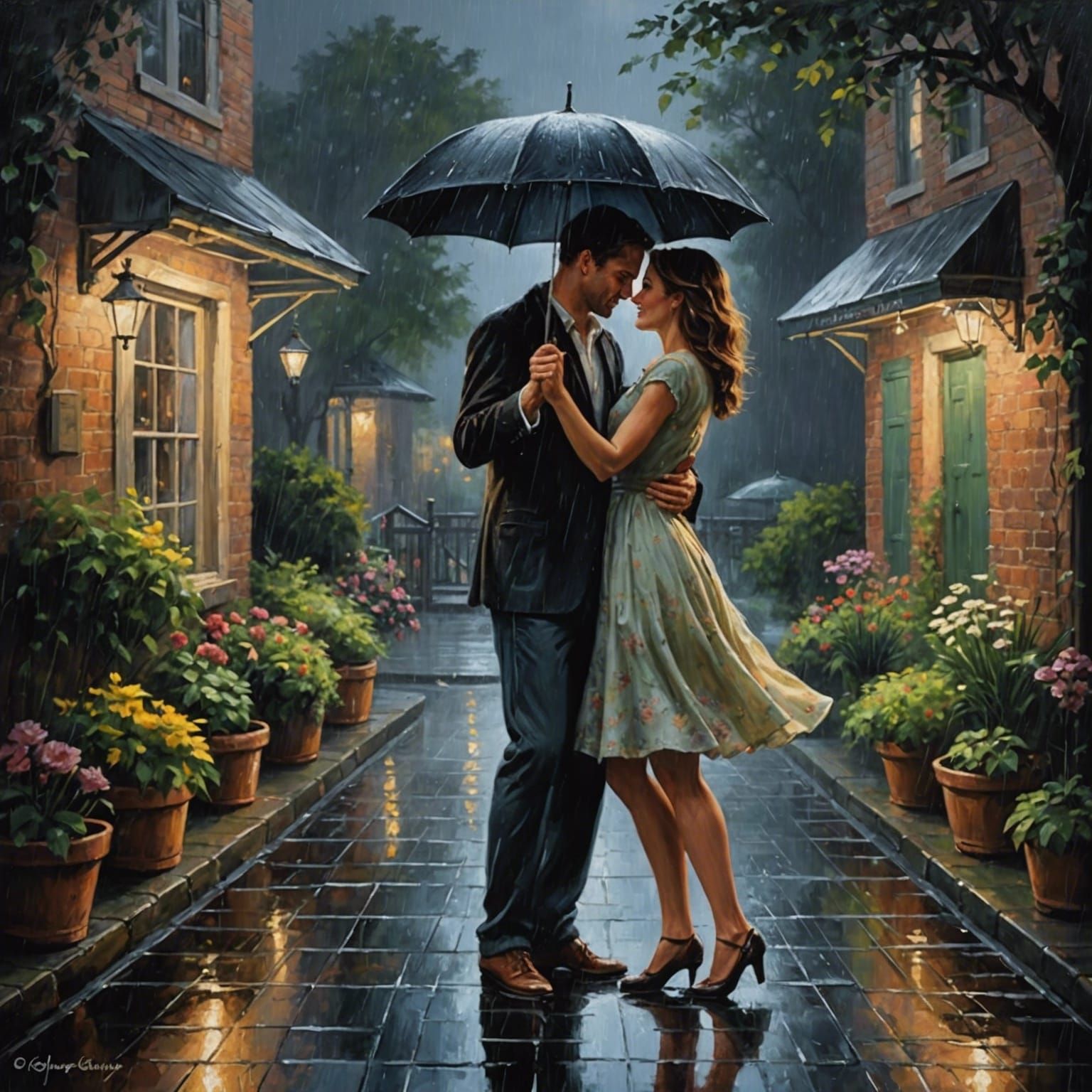 Loving couple dancing in heavy rain, midnight