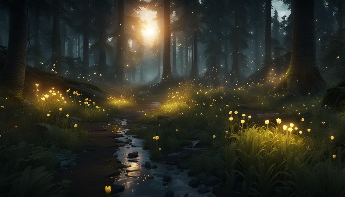 Fireflies Glow in Forest: 3D Game Cinematic Scene