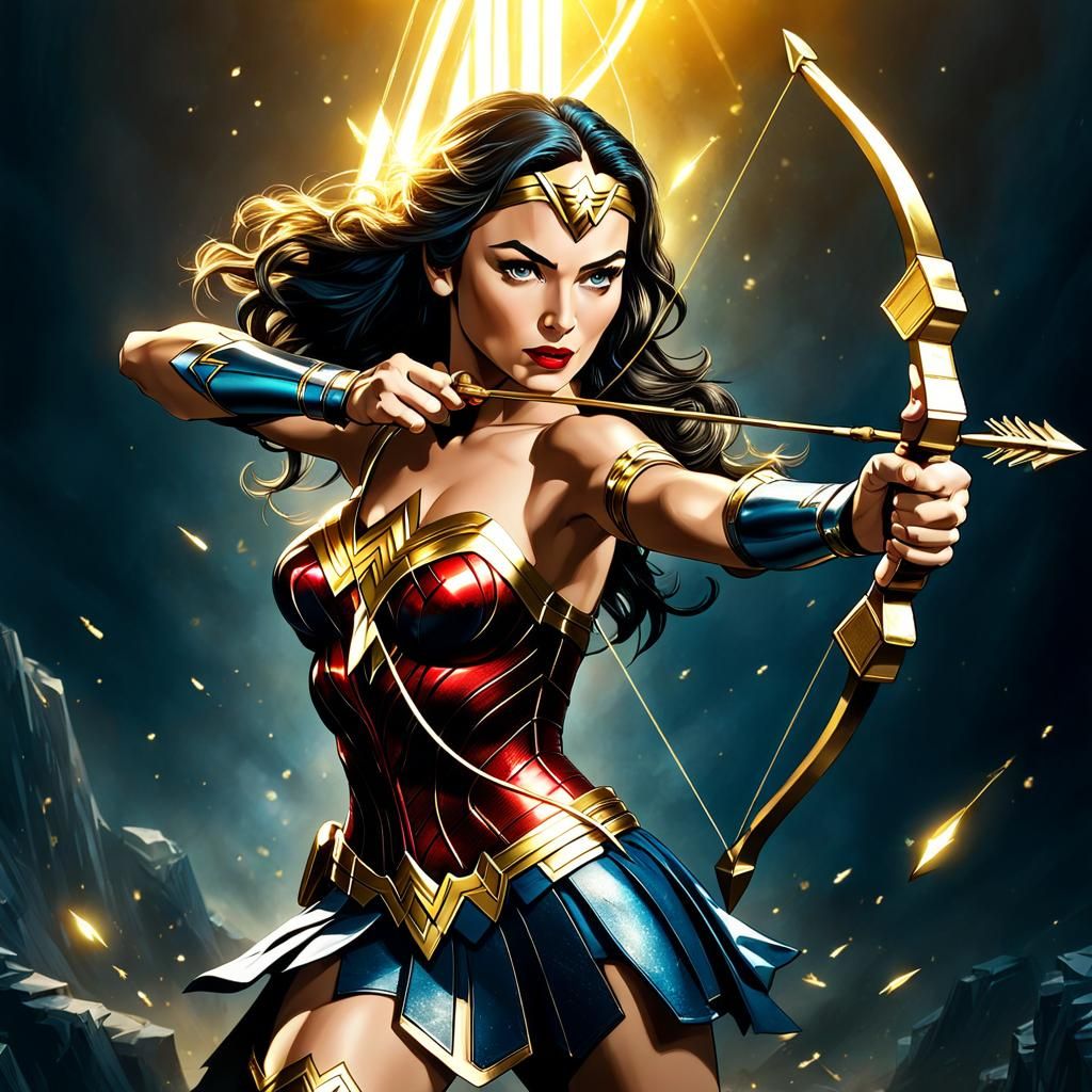 Wonder Woman Shooting Golden Arrow, Fantasycore Illustration