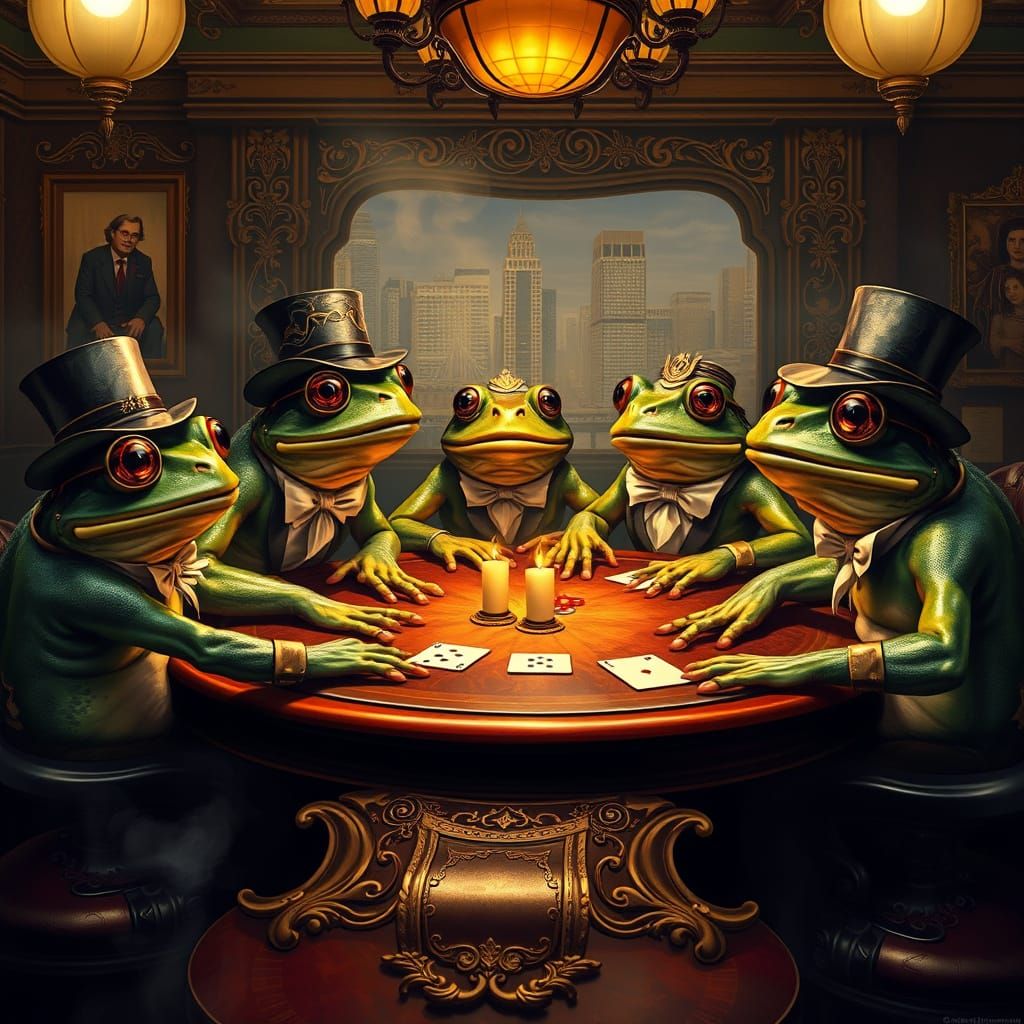 Frogs in Elegant Victorian-Era Poker Game