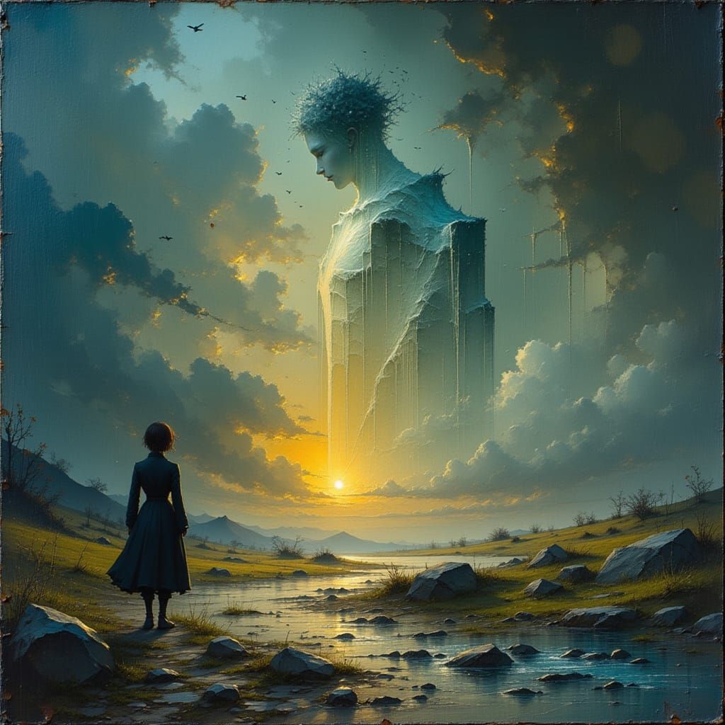 Man of Ice, Heart of Fire in Surreal Landscape