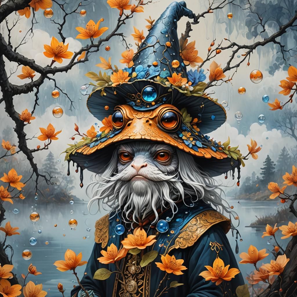 Dark Fairy by Lake with Cherry Tree in Watercolor