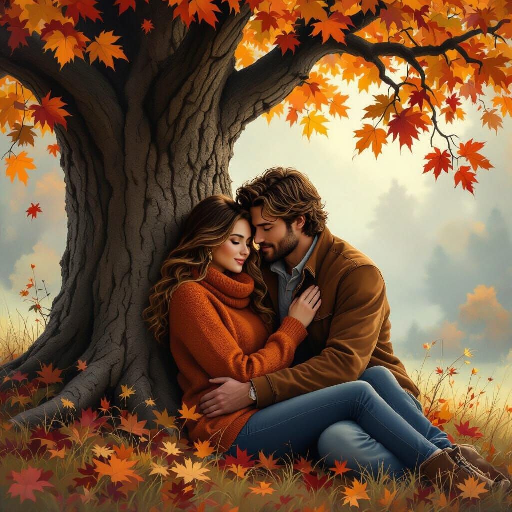Cozy Couple Under Autumn Tree in Kinkade Style