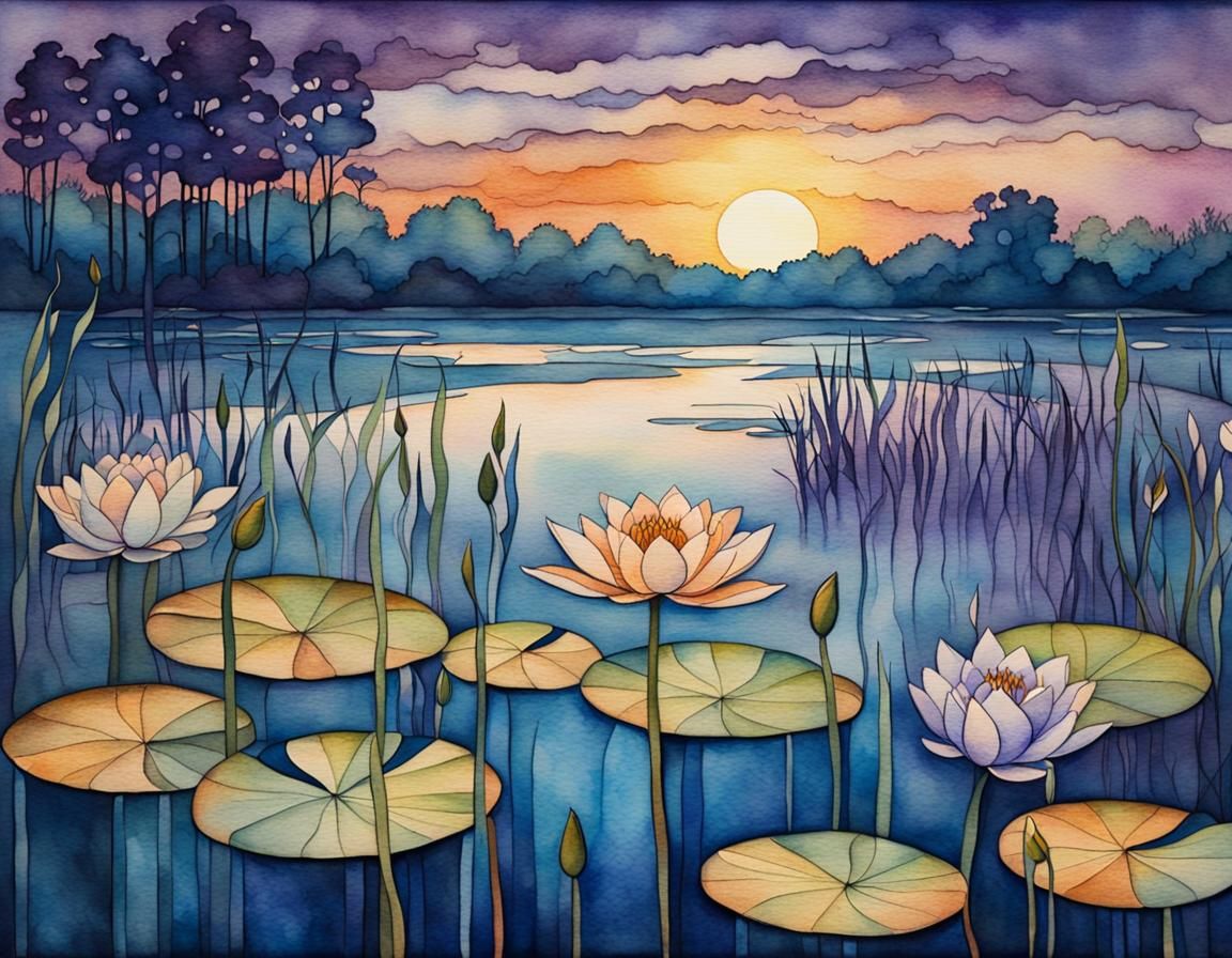 Art Nouveau Water Lilies in Watercolor Style