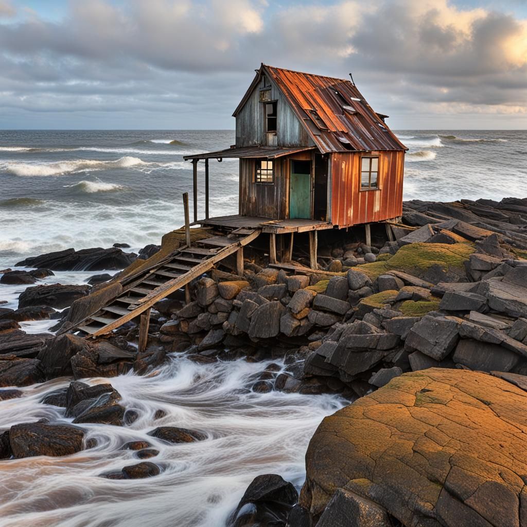 Weathered Shack at Stormy Shoreline: Matte Painting