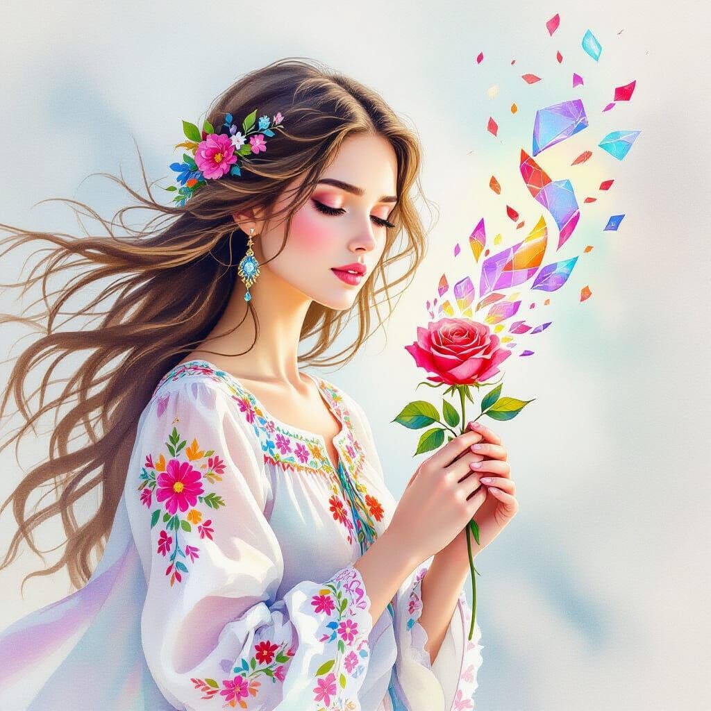 Ethereal Ukrainian Woman with Rose: Watercolor Fairytale