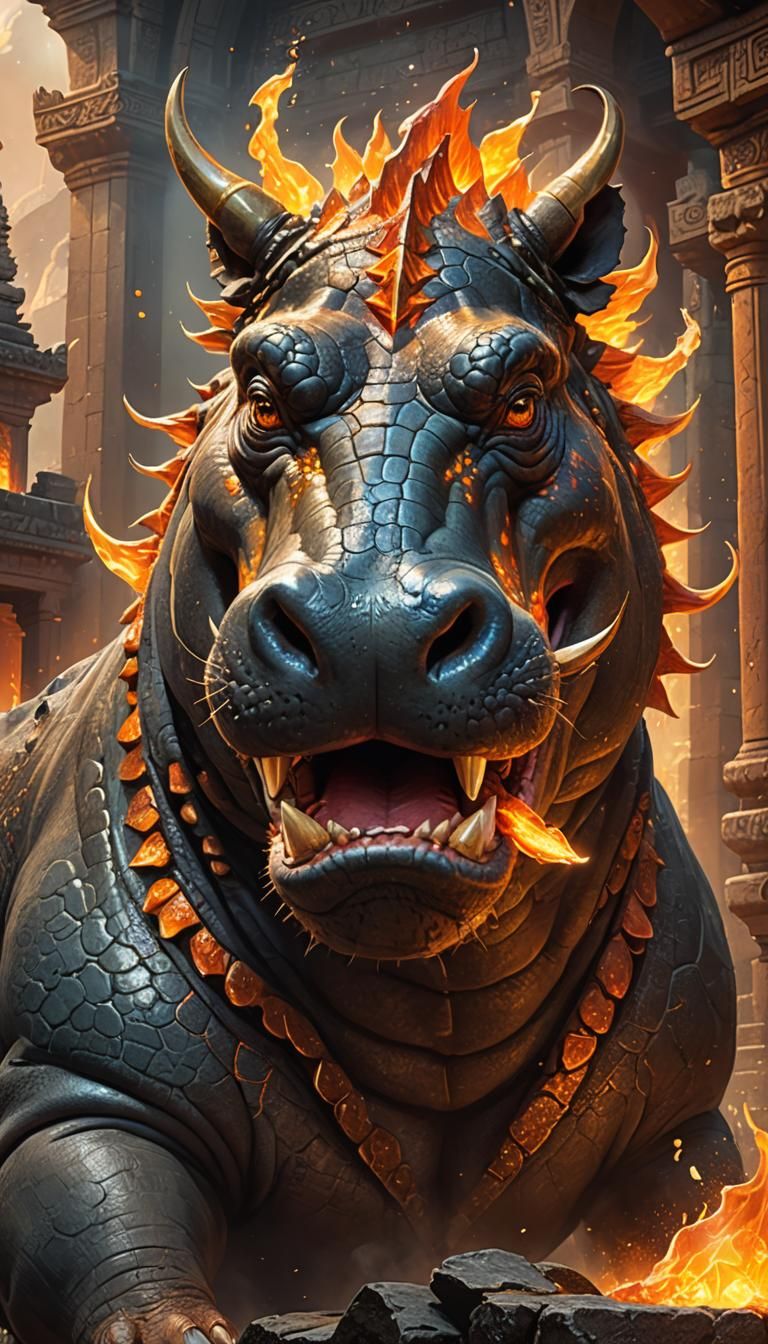 Fiery Dragon-Hippo Hybrid in Ancient Temple