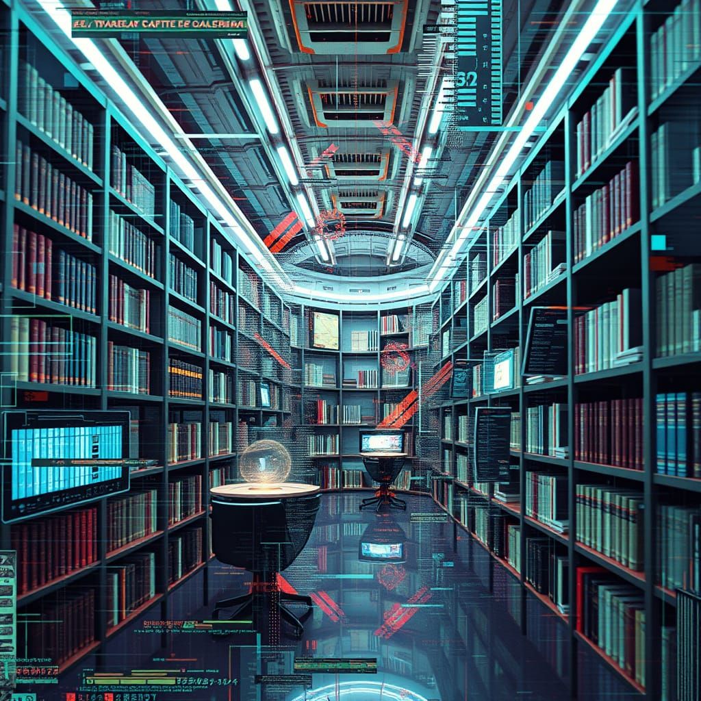 Futuristic Library in Digital Chaos