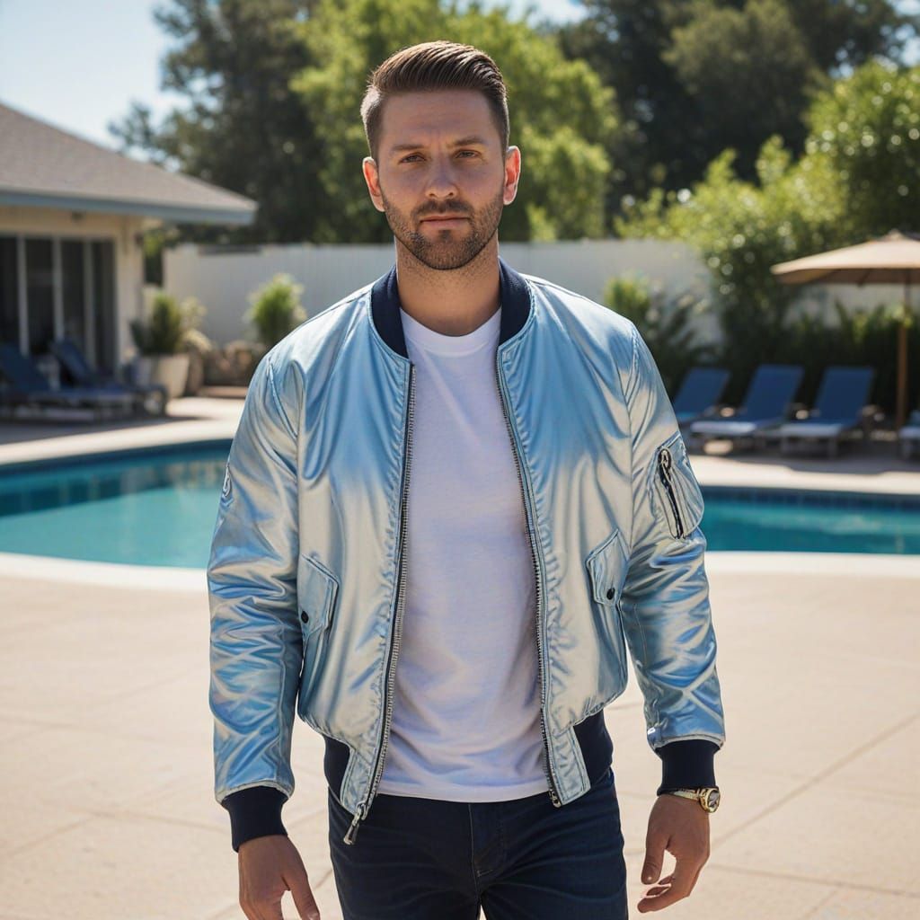 Man in Silver Jacket by Pool, Photorealistic Style