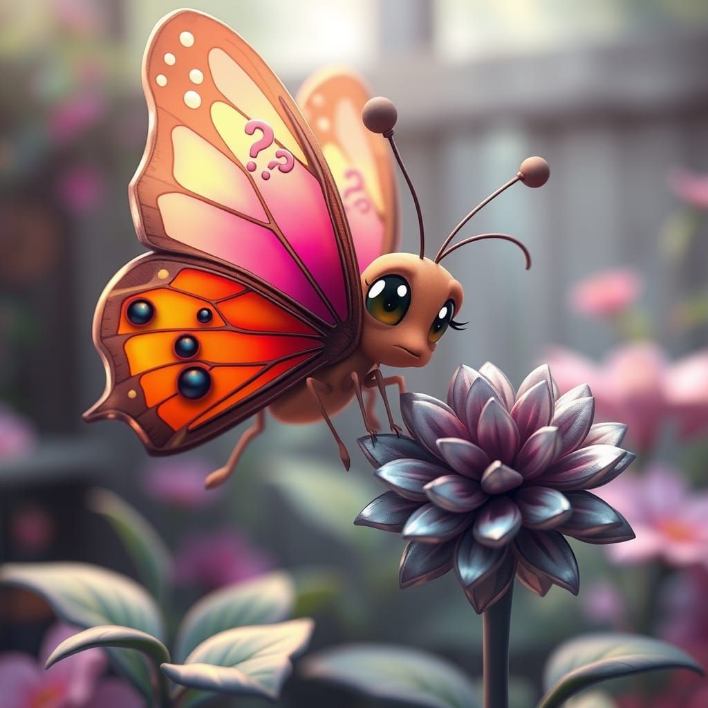 Confused Butterfly Explores Metal Flower in Anime Style