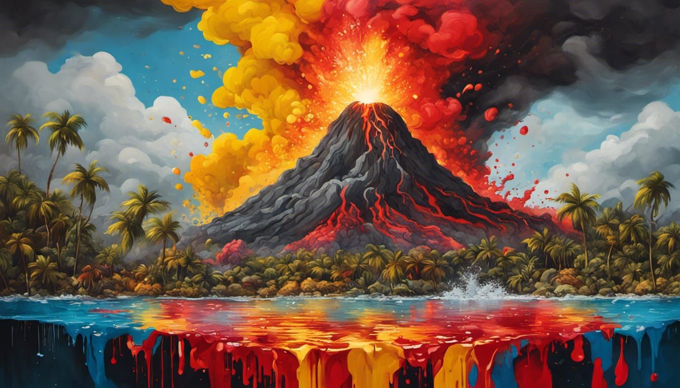 Erupting Volcano Island in Graffiti Street Art
