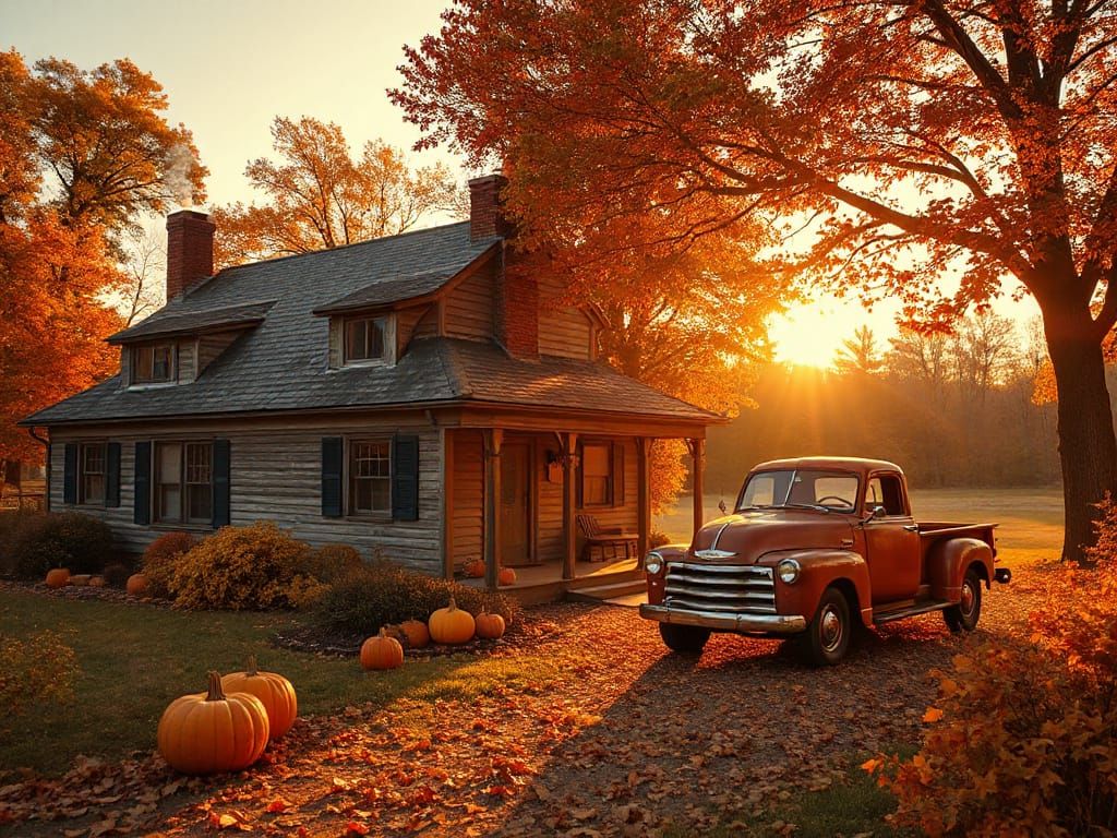 Whimsical Autumn Farmhouse at Sunset