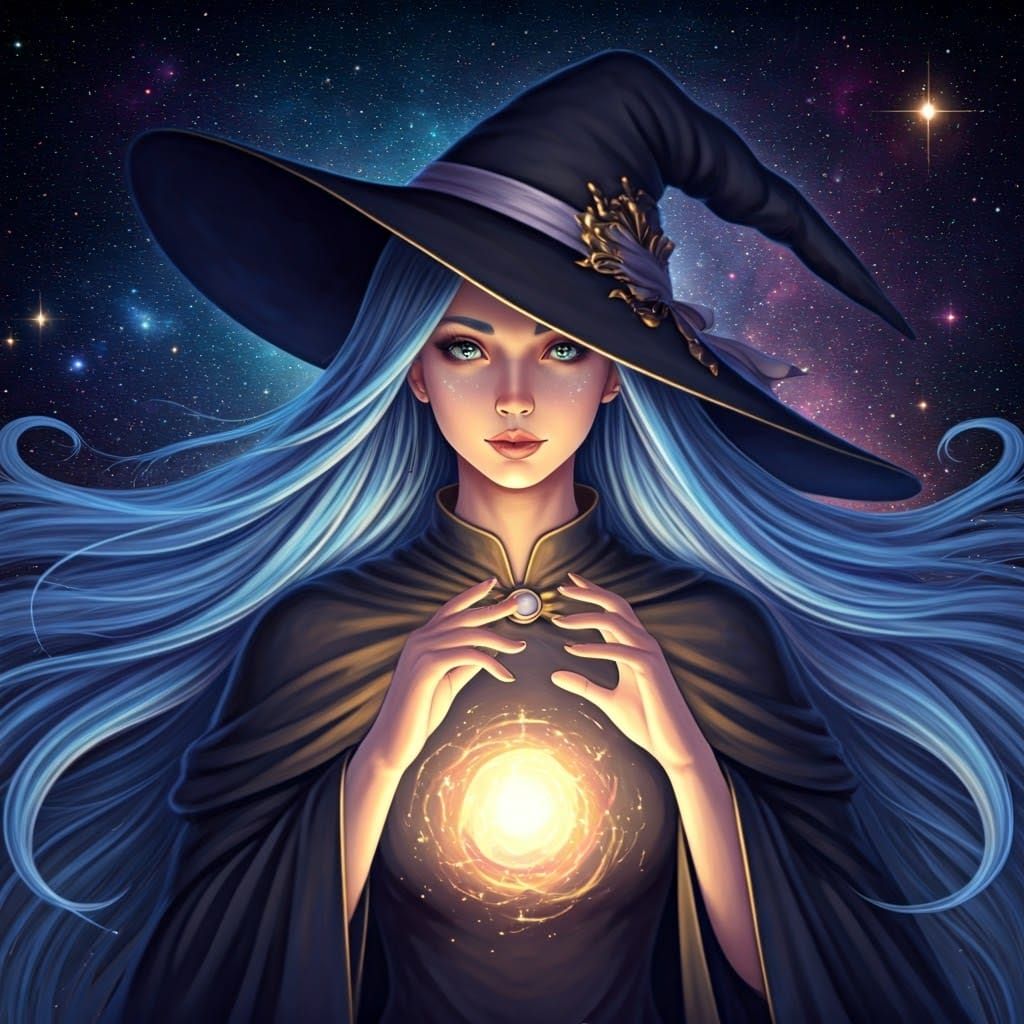Mystical Witch with Blue Hair and Cosmic Background