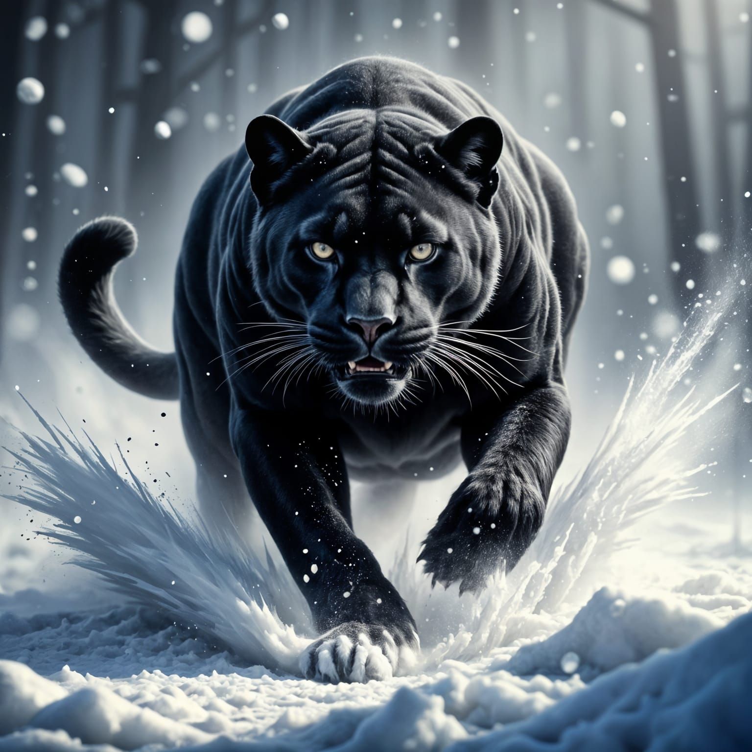 Surreal Black Panther Runs Through a Blizzard in Hyperrealis...