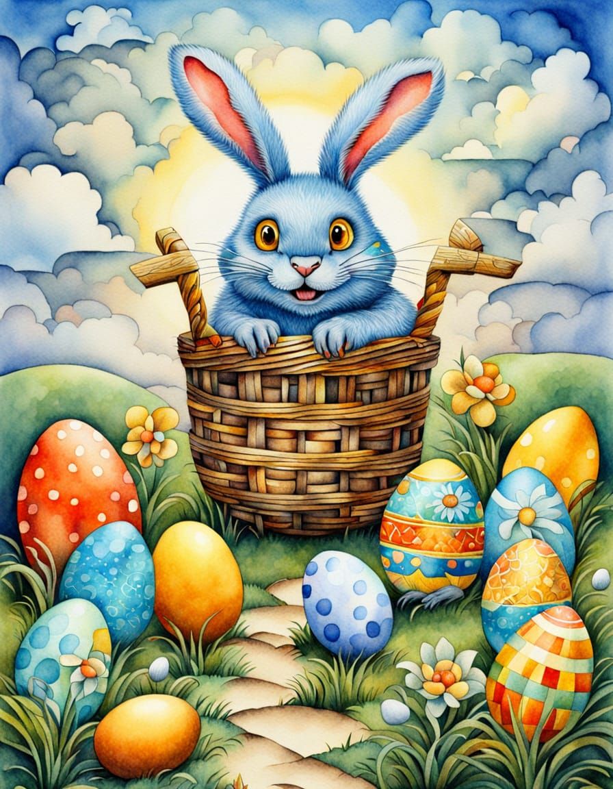 Cubist Easter Wonderland in Vibrant Watercolor
