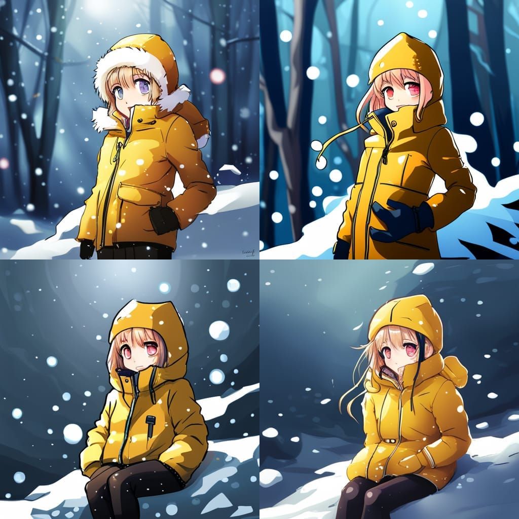 Anime Girl in Yellow Jacket in Snow