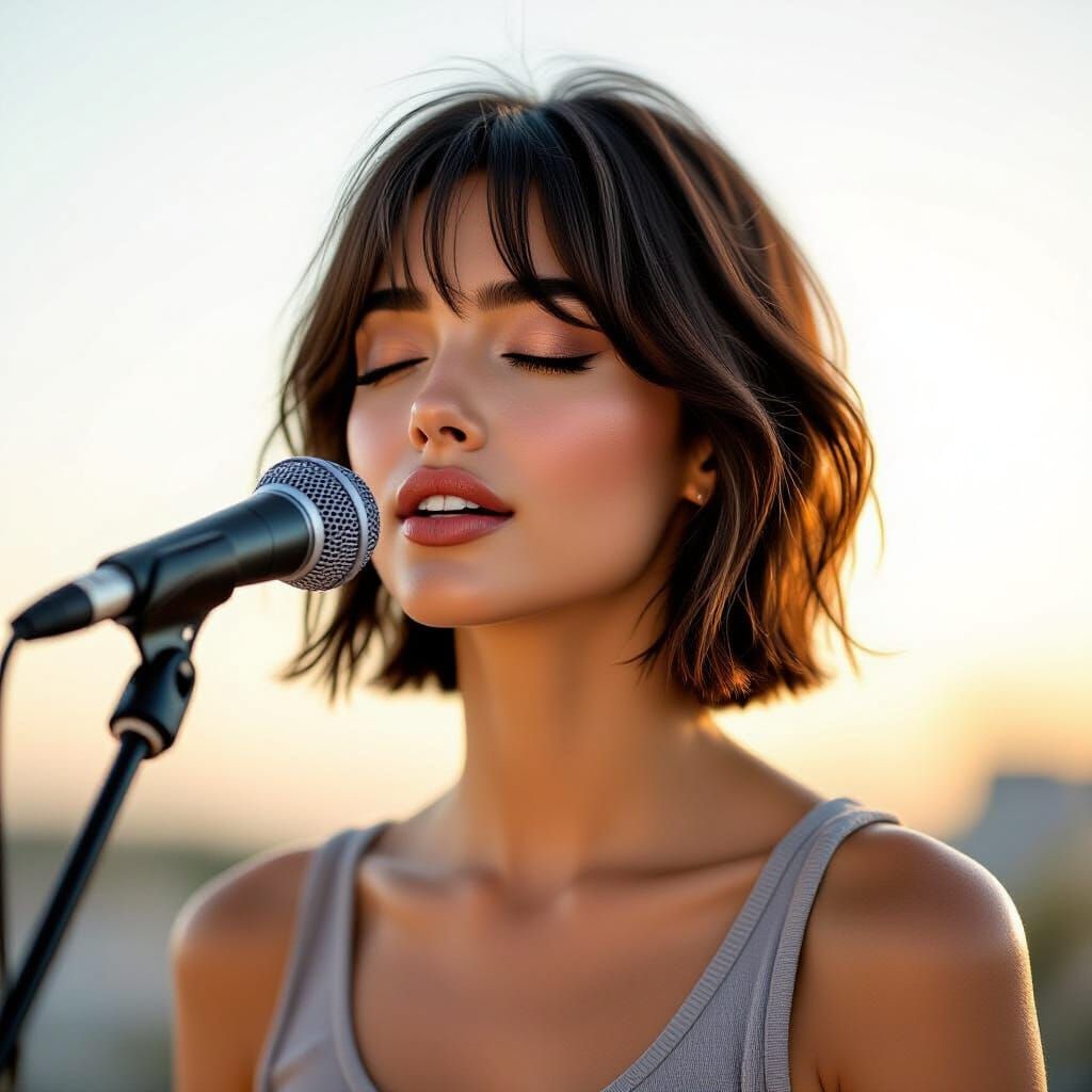 Soulful Singer with Sharp Bob Hair in Golden Hour Light