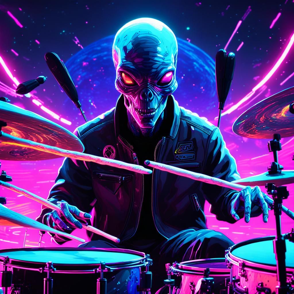 Cyberpunk Alien Drummer in Neon Spotlight