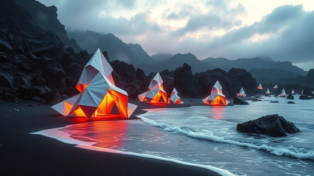 Metallic Origami Sculptures Emerge from Volcanic Beach in Cy...