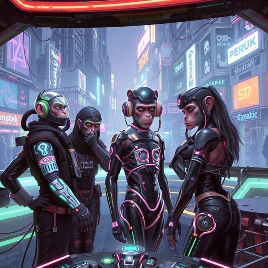 Cybernetic Monkey Astronaut in a Cyberpunk Cityscape