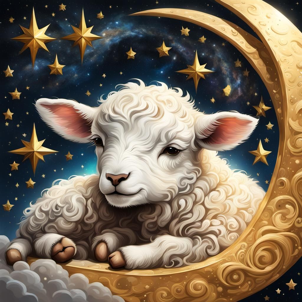 Dreamy Lamb Asleep on Crescent Moon