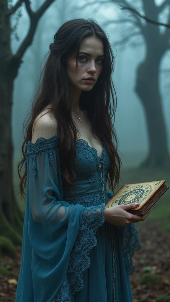 Young Woman Finds Spellbook in Misty Forest
