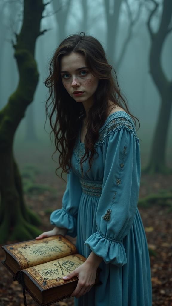 Woman with Book in Misty Forest