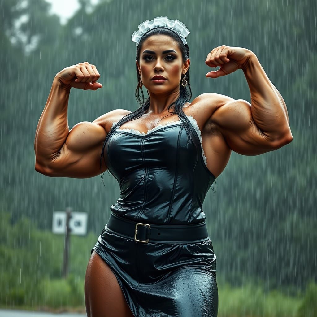 Hypermuscular Female Bodybuilder Flexing in Latex Maid Outfi...