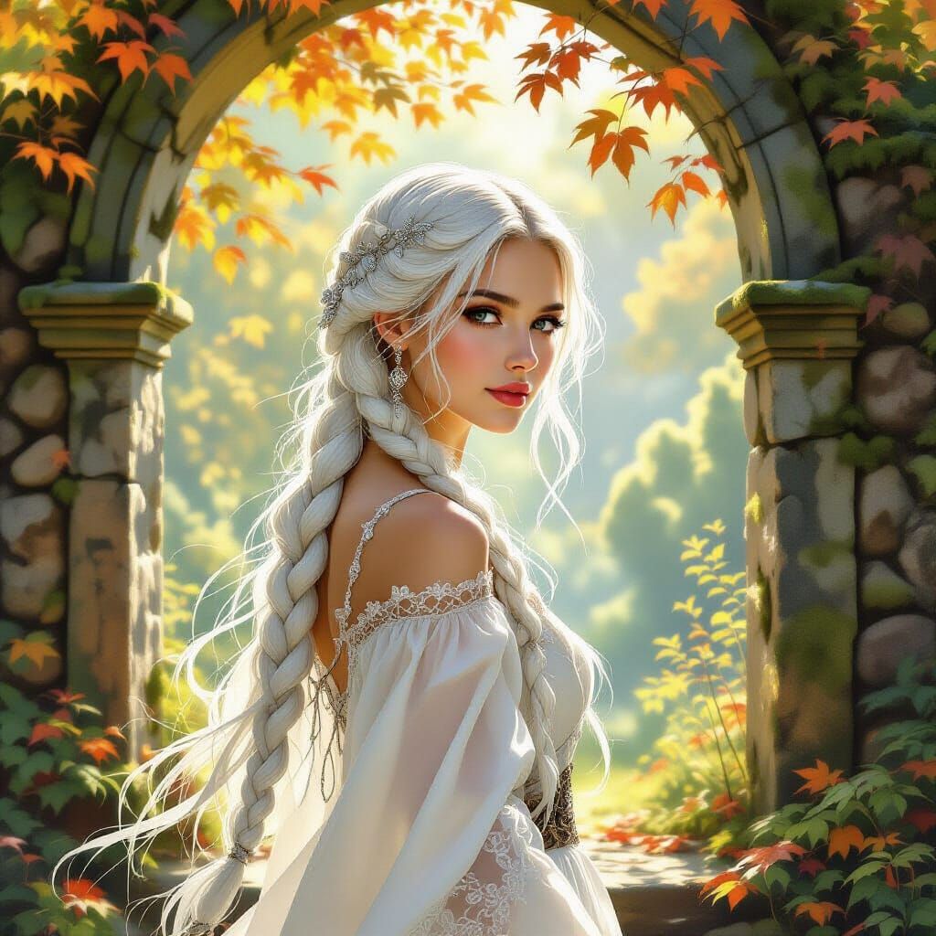 Ethereal Woman with Braids in Autumn Forest