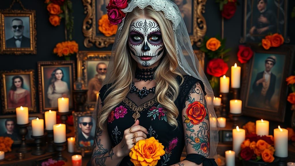 Gothic Woman with Sugar Skull Makeup at Ofrenda