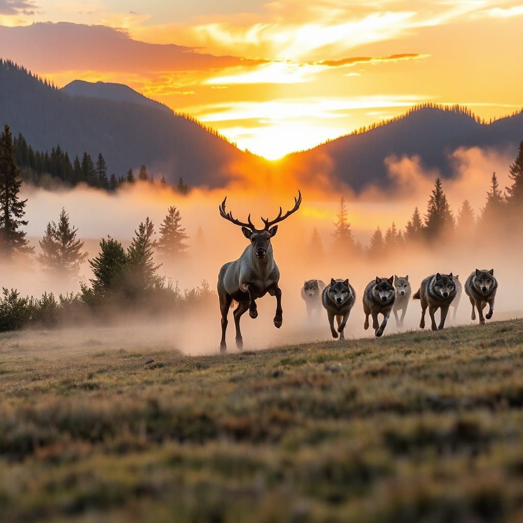 A powerful Caribou in a foggy valley, persecuted by a pack of determined wolves.