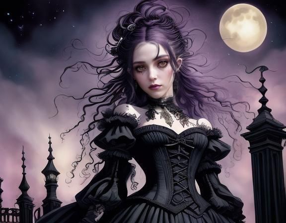 Punk Goth Elf in Rooftop Garden at Night