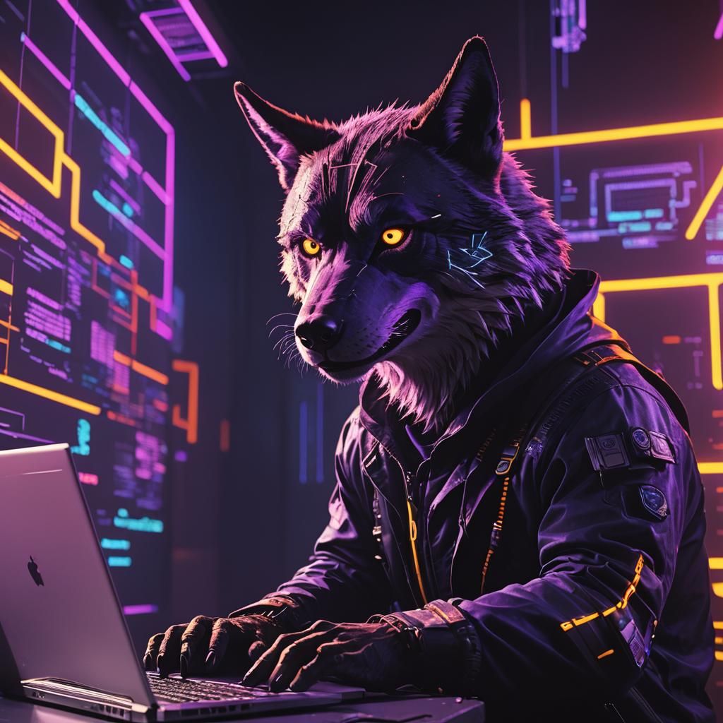 Hacker Wolf Coding in a Neon Cyberpunk Scene