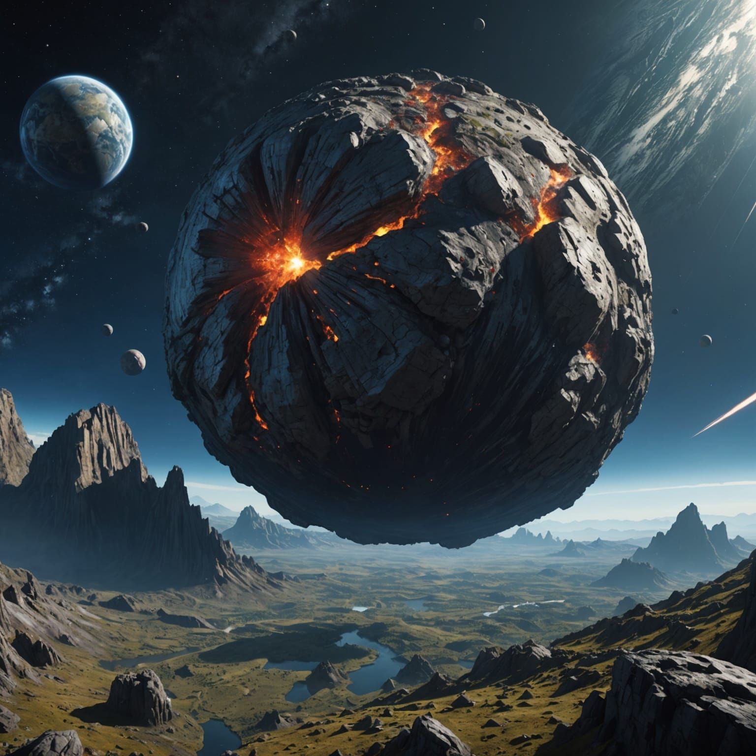 Giant Asteroid Approaches Earth: Detailed Matte Painting