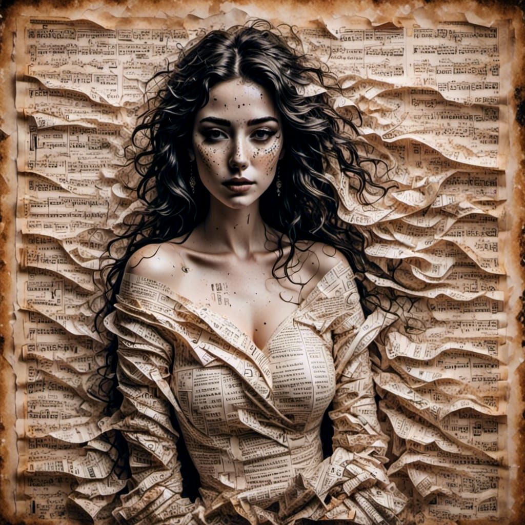 Beautiful Paper Woman Portrait with Origami and Music