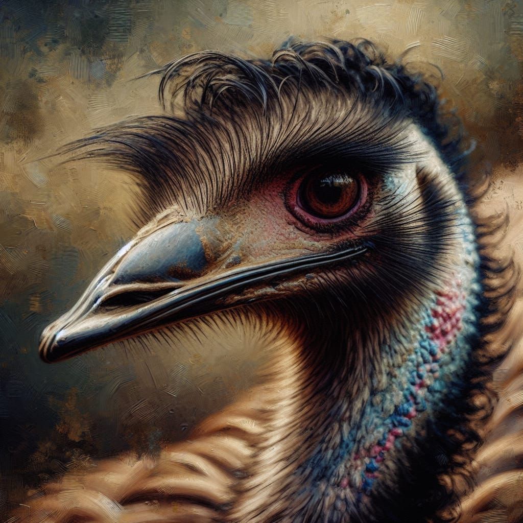 A Realistic Portrait of an Emu in Oil Painting Style