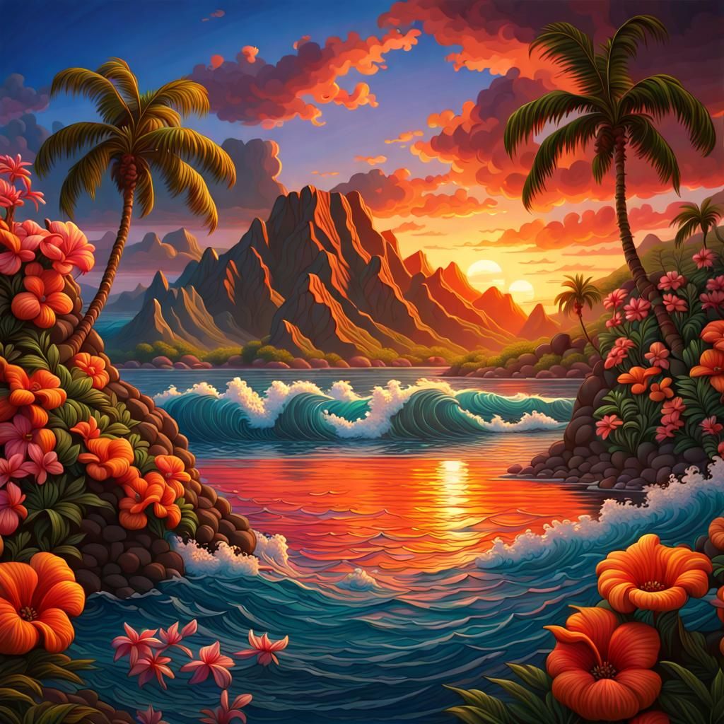 Embroidered Hawaiian Sunset with Tropical Flowers