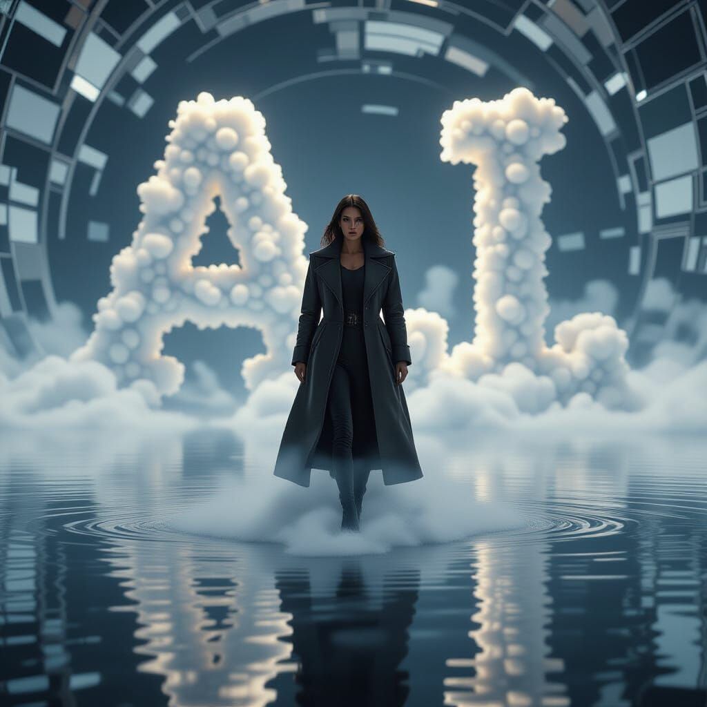 Woman in Mist-Shaped A.I. over Mirrored Landscape