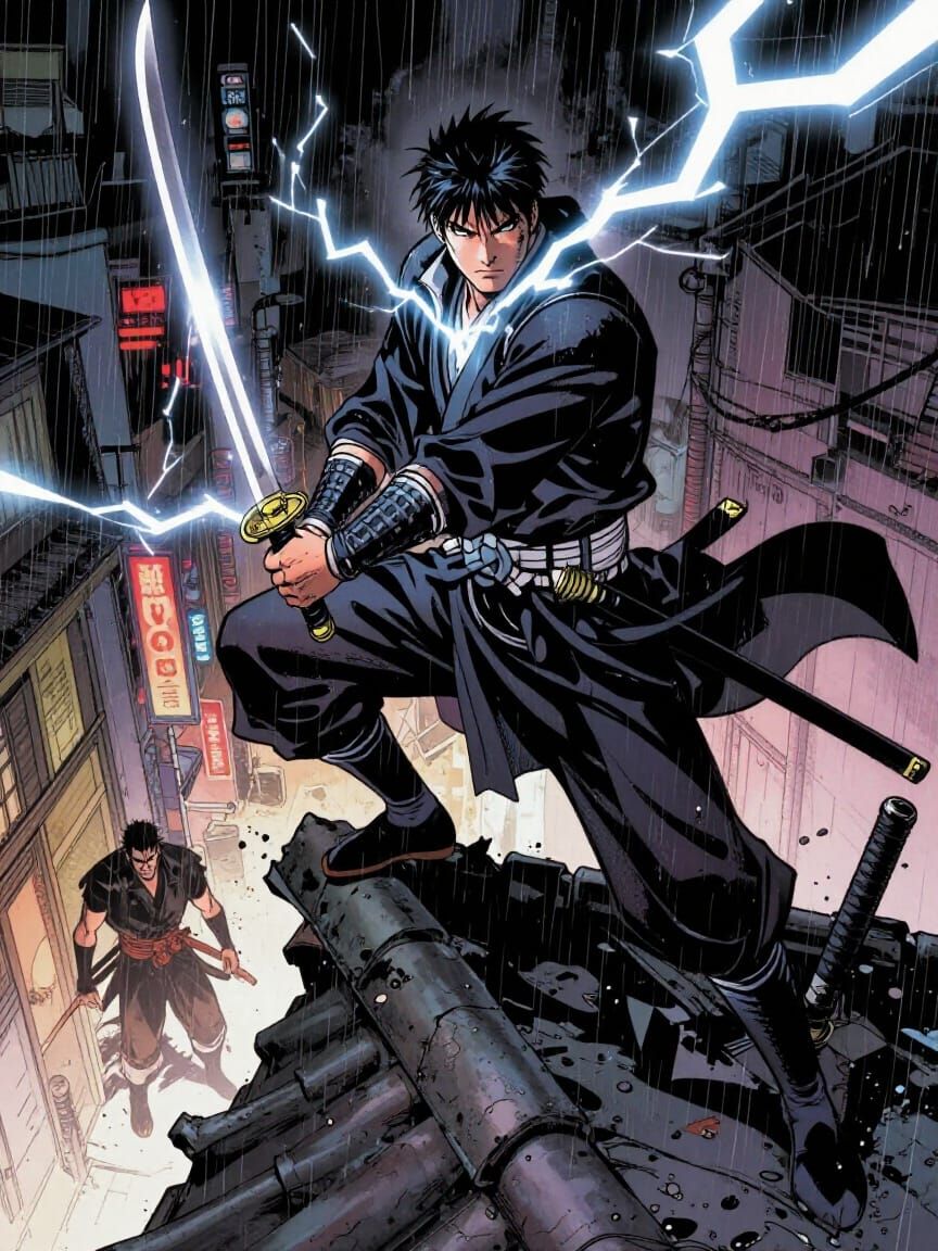 Comic Book Samurai on Rooftop in Lightning Storm